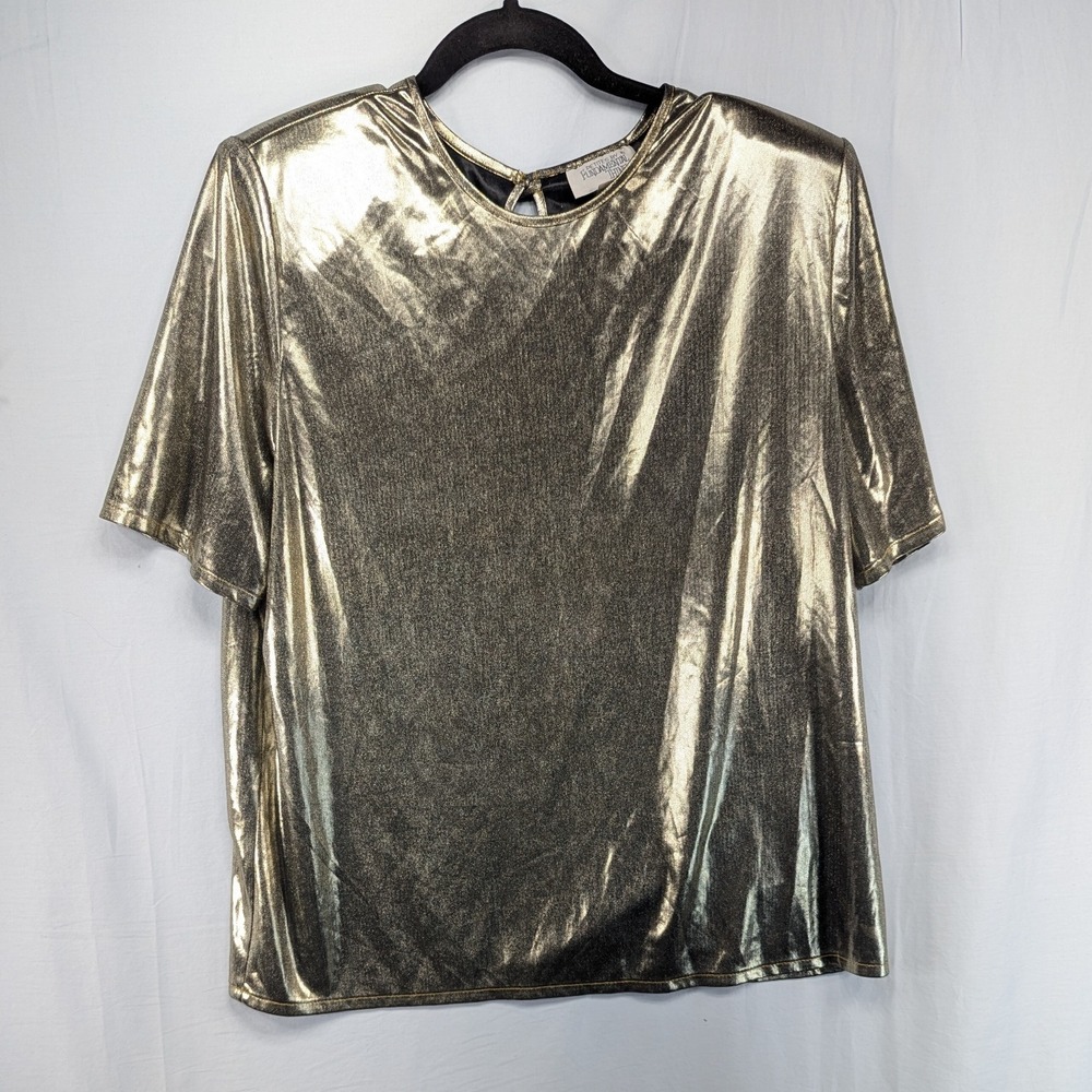 Fundamental Things Petites Gold Metallic Short Sleeve Keyhole Back Top Size 14‎